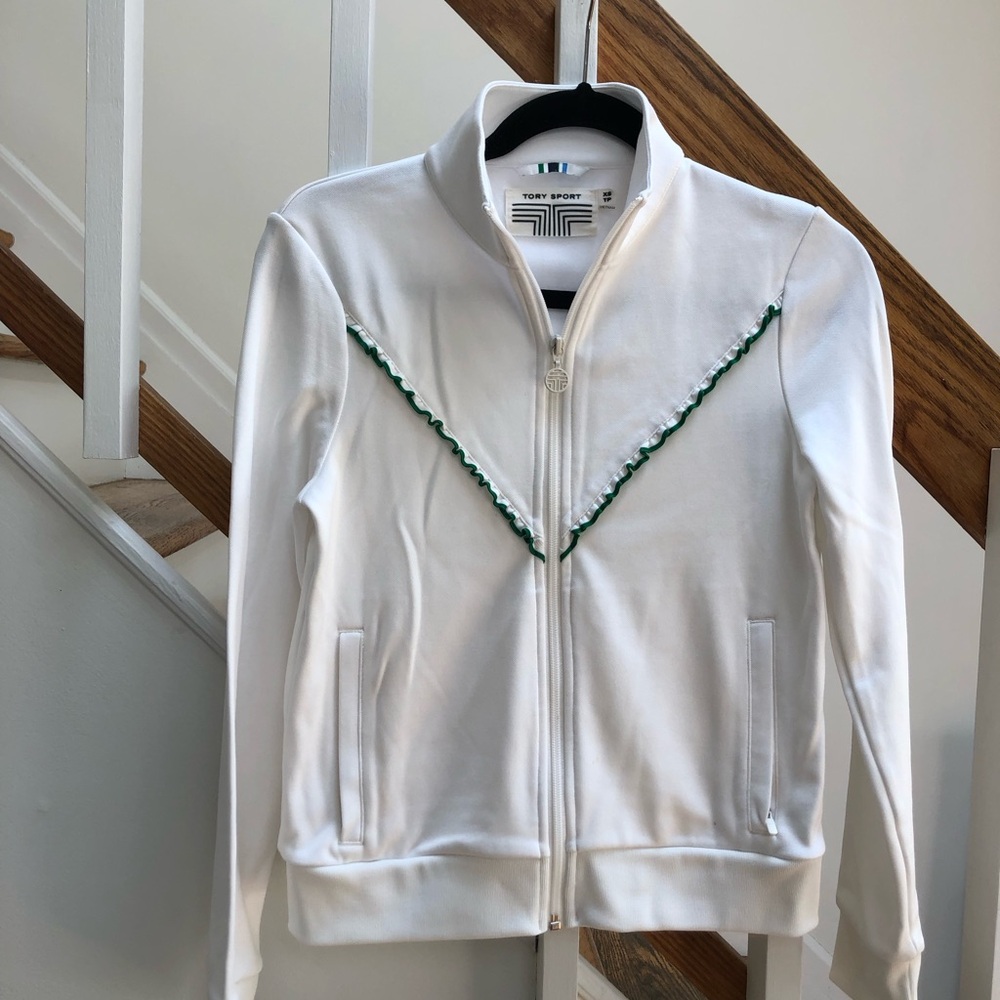 Tory Sport White Zip-Front Jacket with Green Trim Accent